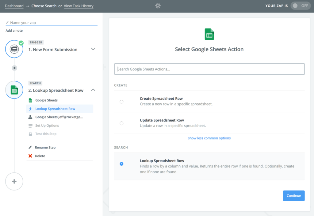 Zapier Search Google Sheets Screenshot