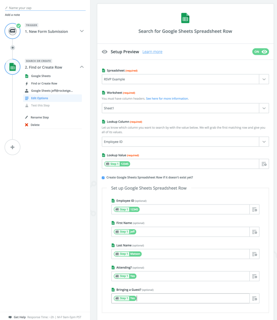 Google Sheets Update Row Config Screenshot
