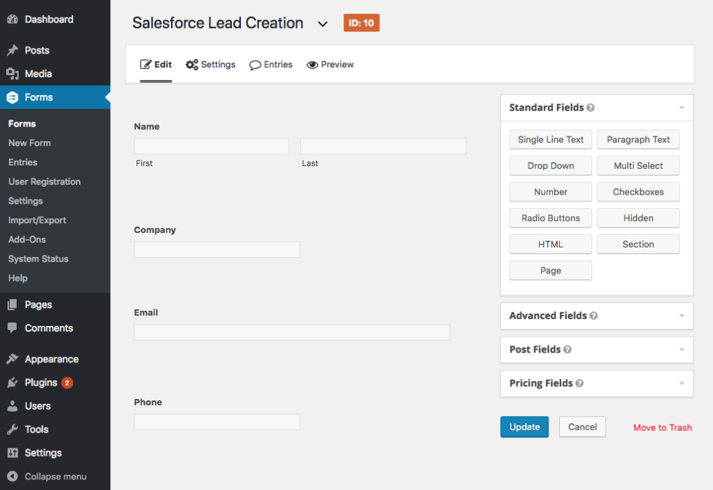 salesforce lead creation form builder
