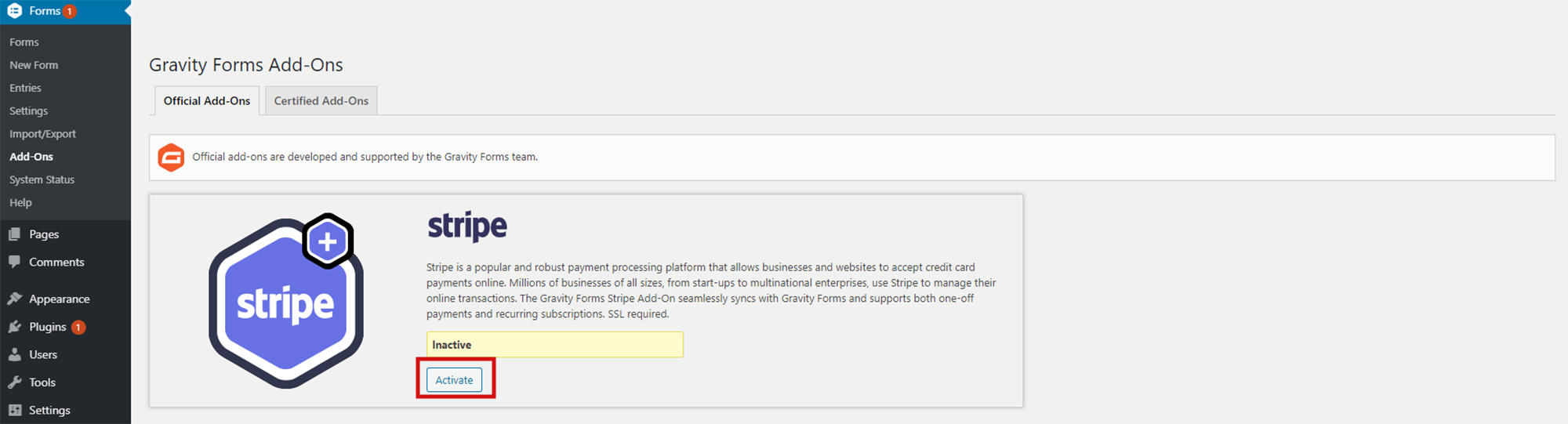 Stripe Add On Activation