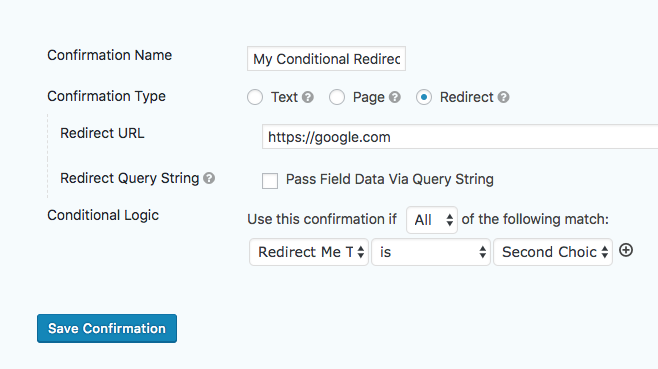 WordPress Form Confirmation Redirect Conditional Logic
