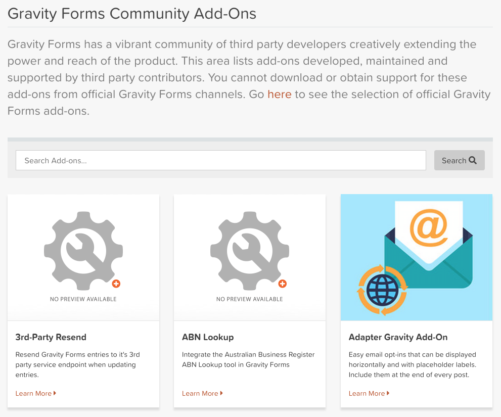 Gravity Forms Add-On Directory Screenshot