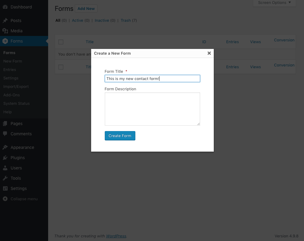Step 2: Create a New WordPress Form