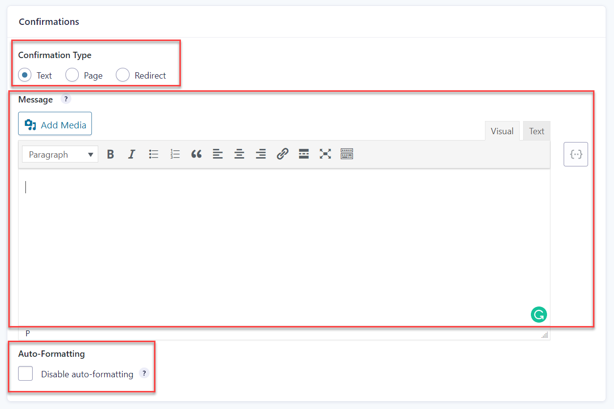 Configure Default Confirmation Message